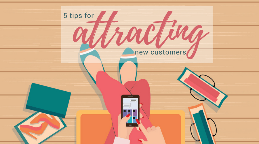 graphic of tips for attracting new customers, female hand holding a smartphone shopping online, vector illustration