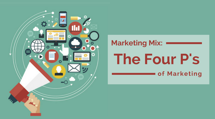 graphic of marketing mix, the 4 p's of marketing, hand holding a megaphone illustration