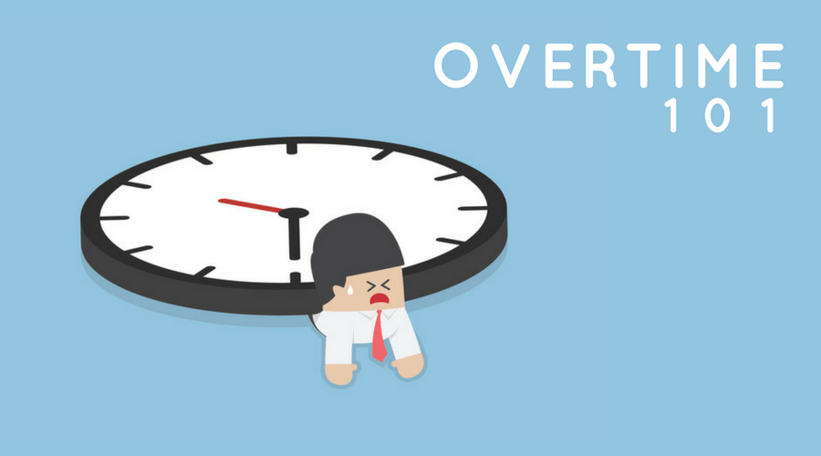 graphic of overtime 101, illustration of tiny businessman and big clock over him
