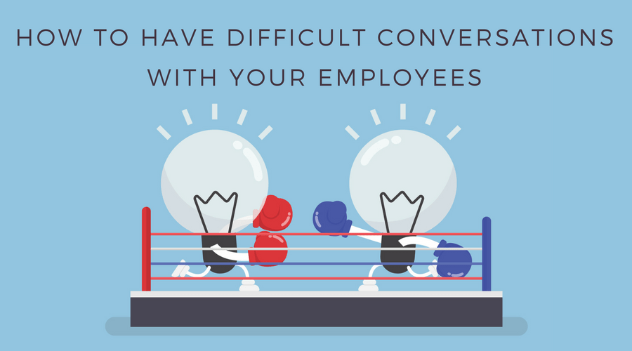 graphic of how to have difficult conversation with your employees, two light bulb wearing boxing gloves fighting in boxing ring