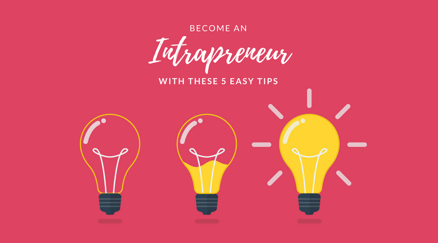 graphic of become an intrapreneur with five easy tips, three light bulbs filled with light, vector illustration