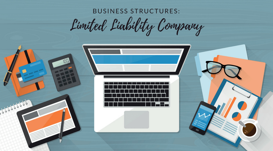 graphic of limited liability company, workplace wooden desk top angle view laptop, phone tablet, vector illustration