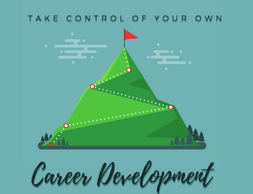 graphic of take control of your own career development, flag marks the top of the mountain landscape vector illustration