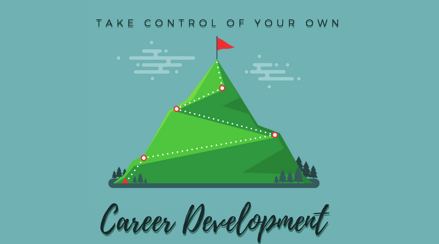 graphic of take control of your own career development, flag marks the top of the mountain landscape vector illustration