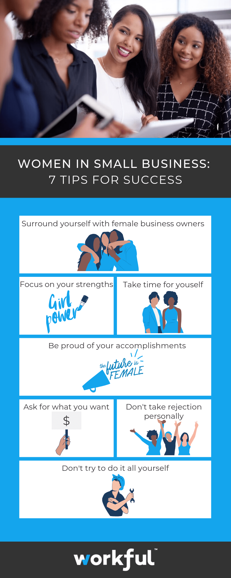 Infographic containing 7 tips for success for women small business owners