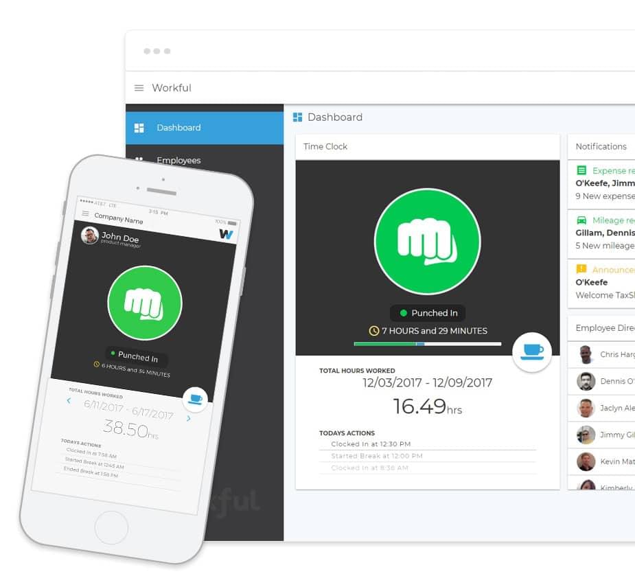 screenshot of Workful's time tracking app and desktop versions