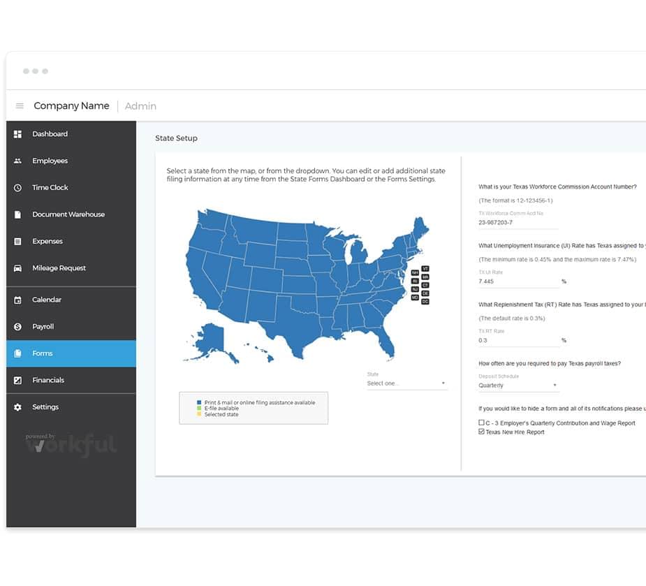 screenshot of Workful's payroll software for state and federal forms